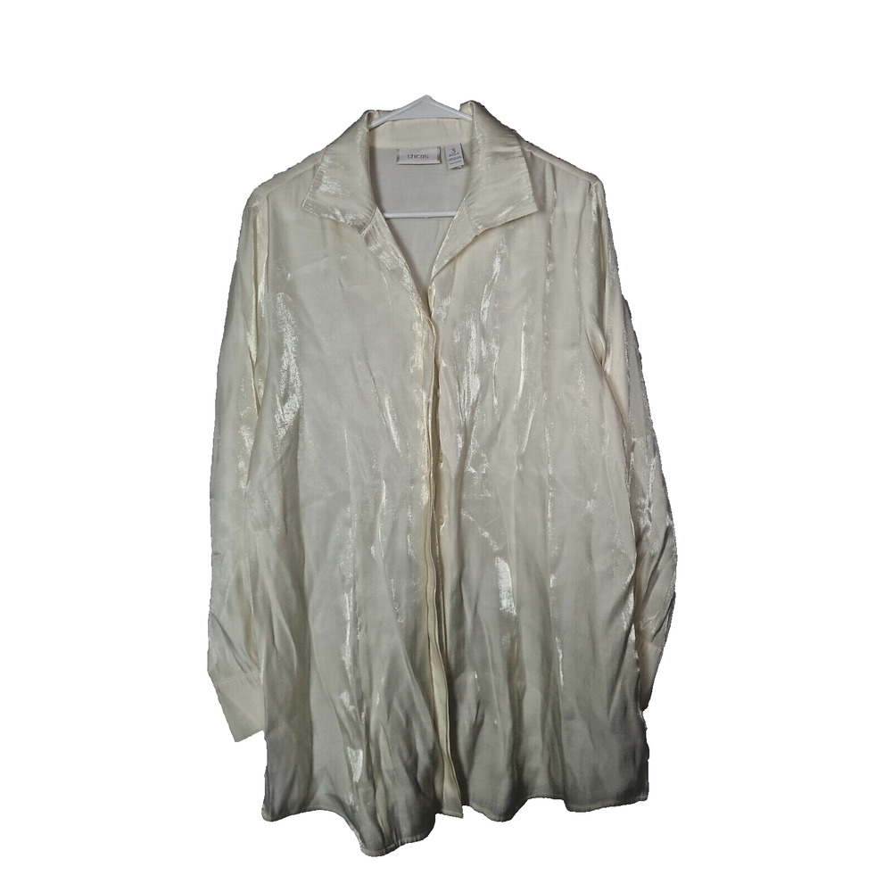 Chico's Ivory Shimmery Long Sleeve Career Casual Button Down Shirt Womans Size 3